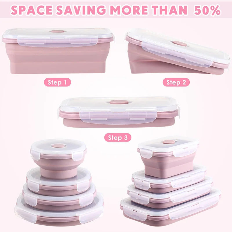 Collapsible Food Storage Containers Foldable Silicone Lunch Containers with Lids, Rectangle Collapsible Bowls Round Food Bowls