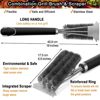 LMETJMA Safe Grill Brush and Scraper with Deluxe Handle 18 inch Grill Cleaner Brush Stainless Steel Bristle Grill Brush JT61